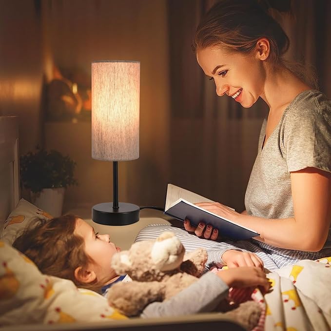 RISLG 2 Pack Small Table Lamps for Bedroom, Bedside Lamps for Nightstand with Wire Switch, Minimalist Modern Desk Lamps with Linen Fabric Shade for Kids Room Living Room Office Dorm, Bulb Included