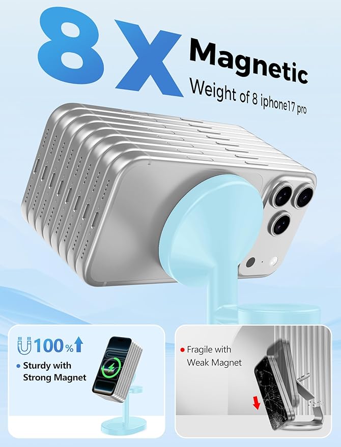 Hevanto 2026 3 in 1 Wireless Charging Station for Apple MagSafe Charger, 15W Fast Magnetic Mag-Safe Charger Stand for iPhone 17 16 15 14 13 12 Apple Watch AirPods Series, Gifts for Men (Ice Blue)