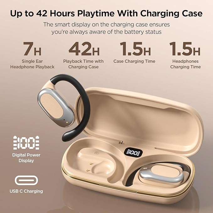 Open Ear Wireless Headphones Air Conduction Earbuds with Mic 42H Playtime Clear Calls LED Digital Display Over Earphones Lightweight Waterproof Secure Earhooks for PC Sports Running Game Business Work