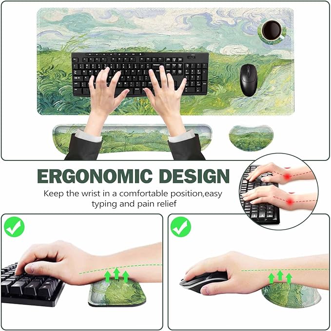 ToLuLu Extended Gaming Mouse Pad, Memory Foam Ergonomic Keyboard Mouse Wrist Rest Support Set, Large Desk Mat with Stitched Edges, Non-Slip Base Mousepad for Home Office Game and Study, Green Theme