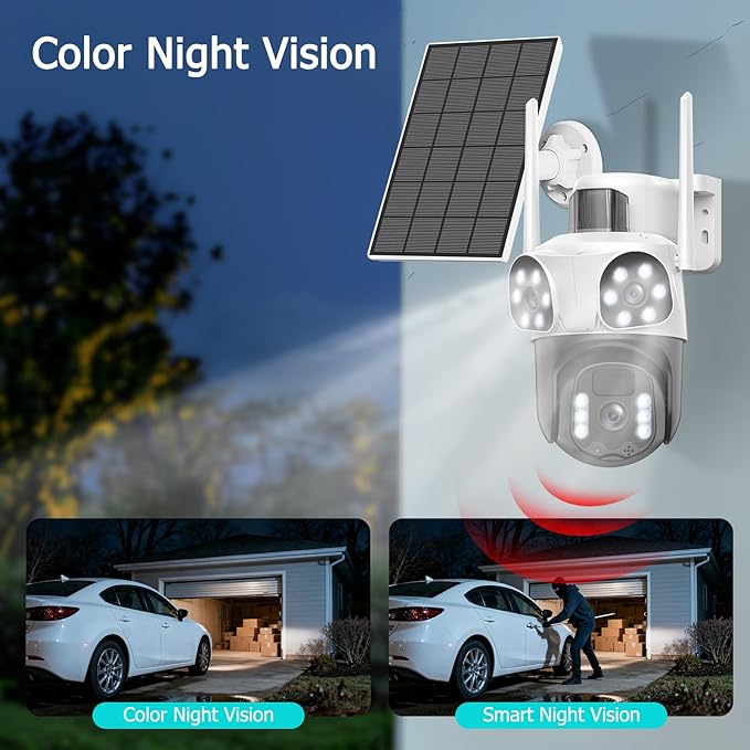 4K Solar Security Camera Wireless Outdoor with Dual-Lens,2.4G WiFi Cameras for Home Security with WiFi 6,8MP Color Night ViSion,PIR Motion Detection,Auto Tracking,2-Way Audio,Spotlight Siren,Alexa