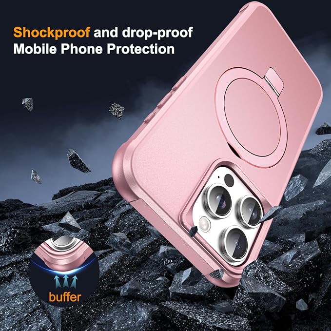 SKYLMW Compatible with iPhone 14 Pro Max Case with Invisible Magnetic O-Ring Stand Military-Grade Case for iPhone 14 ProMax 6.7" [Compatible with Mag-Safe][Great Grip Feeling], Rose Gold