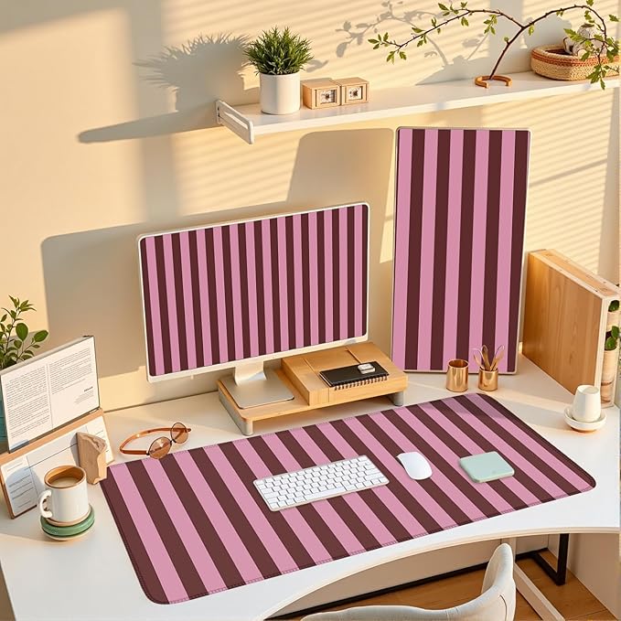 Pink and Burgundy Striped Desk Mat Cute Pastel XXL Large Gaming Mouse Pad Desk Pad Kawaii Cozy Aesthetic Keyboard Laptop Computer Mat