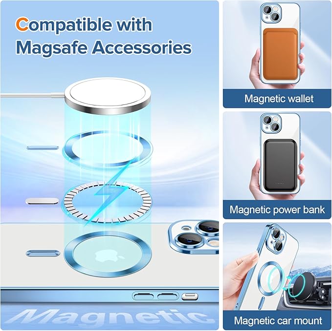 Hython Magnetic Clear for iPhone 14 Case with Camera Lens Protector [Compatible with MagSafe] Luxury Plating Edge Slim Soft TPU Cover Protective Phone Case for iPhone 14 6.1", Light Blue