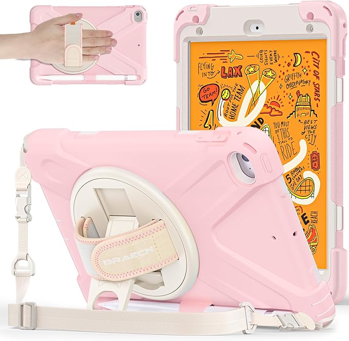 BRAECNstock Kids Case for Apple iPad mini 5/4 7.9" 2019/2015, Shockproof Protective with Pencil Holder, Rotating Stand & Hand Strap,Shoulder Strap, Case for iPad mini 5th/4th Gen, Sakura Pink