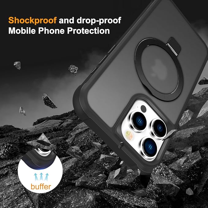 SKYLMW Compatible with iPhone 14 Pro Case with Invisible Magnetic O-Ring Stand Military-Grade Translucent Case for iPhone 14 Pro 6.1" [Compatible with Mag-Safe][Great Grip Feeling], Black