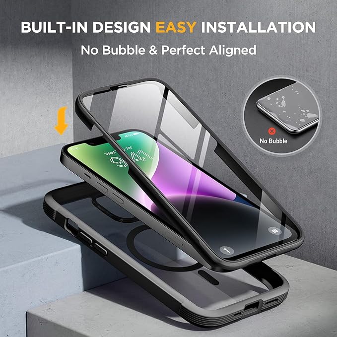 Miracase Glass Series Designed for iPhone 14 Plus Case 6.7 inch, Upgrade Full-Body Magnetic Clear Case with Built-in 9H Tempered Glass Screen Protector,Compatible with MagSafe, Black