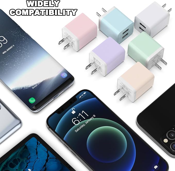 6Pack USB Wall Charger, iGENJUN 2.4A Dual USB Port Cube Power Plug Adapter Fast Phone Charger Block Charging Box Brick for iPhone 15/15 Pro/15 Pro Max/14, Samsung Galaxy, Pixel, LG, Android-Multicolor