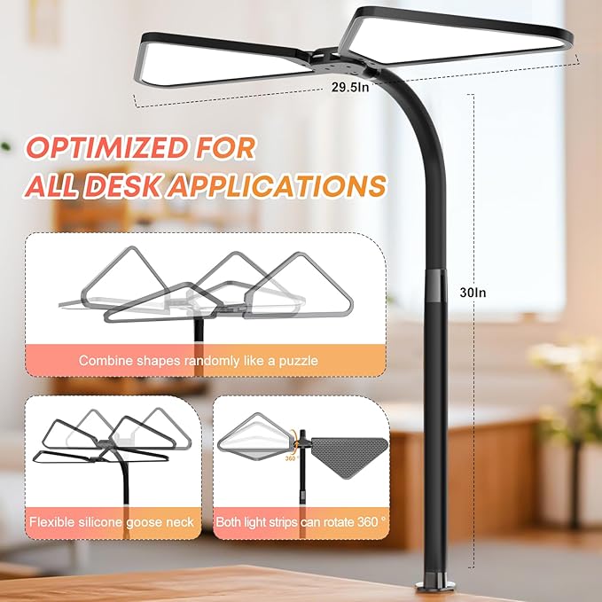 AILBTON Ultra-Large Gooseneck Desk Lamp with Clamp| Dual-Source Super Bright LED Study Light with Flexible Arms, 5 Brightness & 4 Color Modes for Home Office/Reading