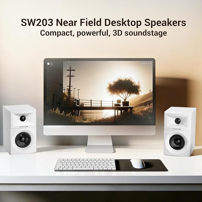 Sanyun SW203 2.0 Desktop Computer Speakers - Near-Field 3D Stereo with Vertical Imaging - 60W Triple-DSP Dual Independent Drive - 24bit USB-C DAC Bluetooth 5.4 AUX, HiFi PC Gaming (Pair, White)