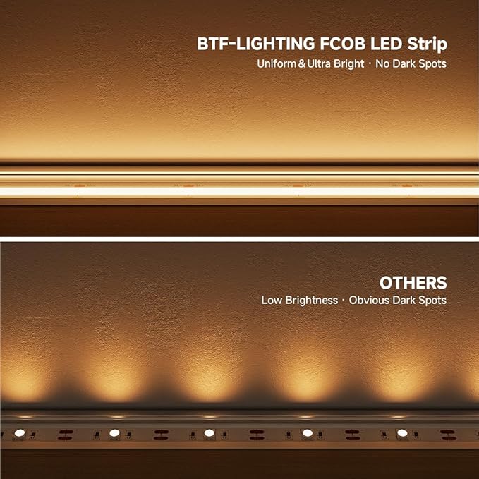 BTF-LIGHTING FCOB COB LED Strip 3000K 596+LM/FT Super Bright UL Listed DC24V 16.4FT 480LED/m 10mm Width Flexible High Density CRI 90+ Dimmable LED Light for Home Indoor Decor(No Controller or Adapter)
