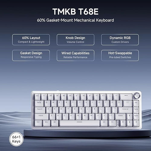 TMKB T68E 60% Wired Gaming Mechanical Keyboard, RGB Backlit Hot-Swappable Gasket Mount, Creamy Keyboard with Pre-Lubed Blueberry Switch, White