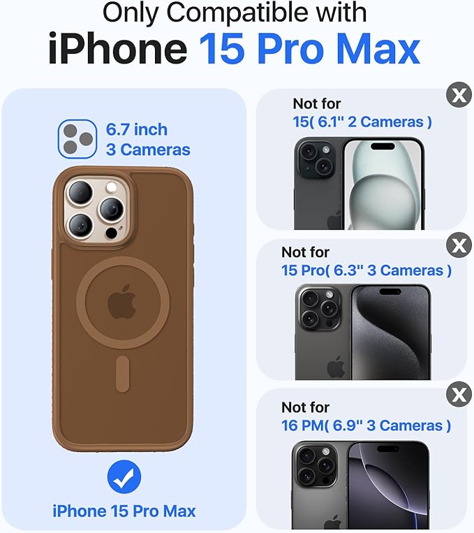 Magnetic for iPhone 15 Pro Max Case[Compatible with MagSafe][Military-Grade Drop Protection][Anti-Yellowing]Shockproof Protective Translucent Matte Cover for iPhone 15 Pro Max Phone Case,Brown