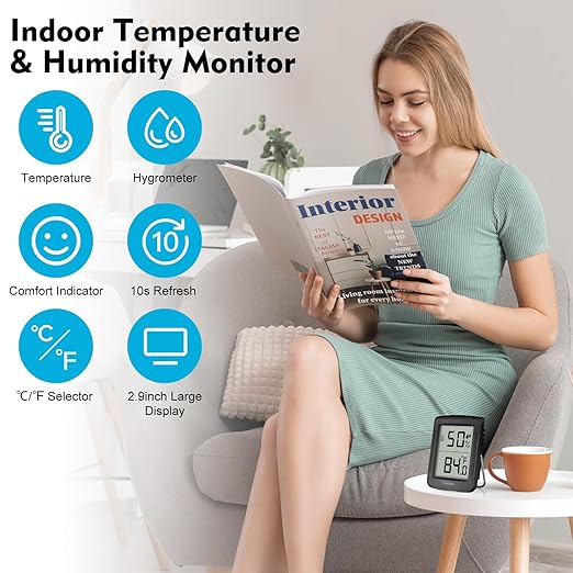 Digital Hygrometer Indoor Thermometer Humidity Meter Room Thermometer with Large Number Display,Temperature and Humidity Monitor for Home,Baby Room, Bedroom, Office, Greenhouse (Black)