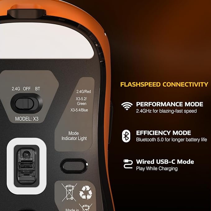 ATTACK SHARK X3 Wireless Gaming Mouse, 49g Ergonomic Computer Mouse, Triple Modes PAW3395 26K DPI Optical Sensor, 200h Battery Life, Programmable Buttons, Gaming Accessories for PC/Laptop/Mac(Orange)