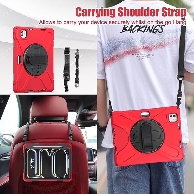 Batianda Case for iPad Pro 13-inch 2025 M5 2024 M4 Chip Heavy Duty Rugged Durability Silicone Tablet Cover with 360° Rotating Hand Strap Foldable Hidden Stand & Shoulder Strap, Red
