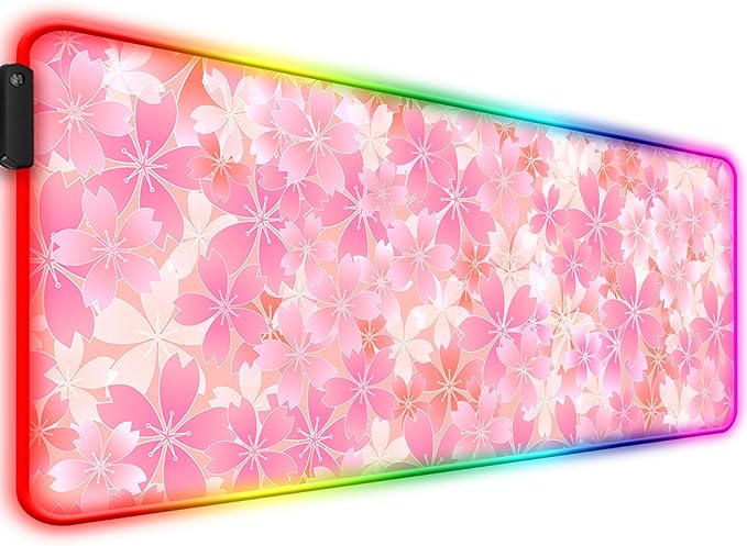 RGB Japanese Cherry Blossom Gaming Desk Mat, Computer Keyboard Large Extended Flowers LED Mouse Pad for Office and Home, 31.5×11.8 Inches, XL, Pink