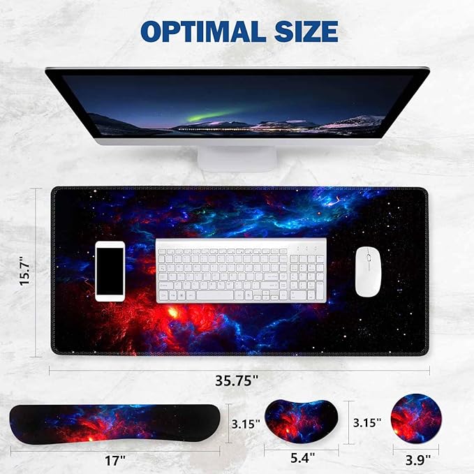 ToLuLu Extended Gaming Mouse Pad, Memory Foam Ergonomic Keyboard Mouse Wrist Rest Support Set, Large Desk Mat with Stitched Edges, Non-Slip Base Mousepad for Home Office and Game, Blue Red Galaxy