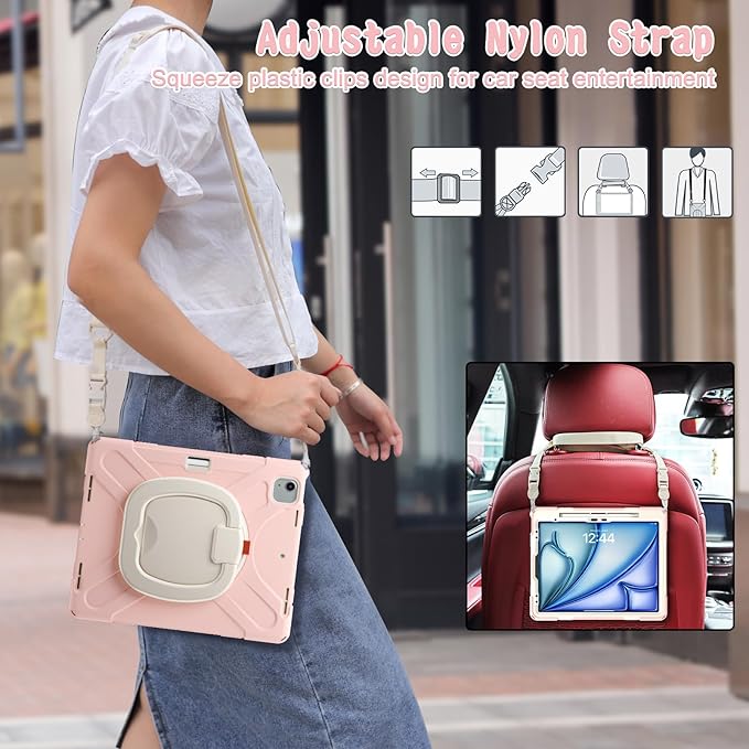 SCSVPN Case for iPad Air 13 inch M4/ M3/ M2 (2026/2025/2024) & iPad Pro 12.9 Case 6th/5th/4th/3rd Gen 2022 2021 2020 2018, Protective Cover w/Pencil Holder, Rotate Stand/Handle, Shoulder Strap, Pink