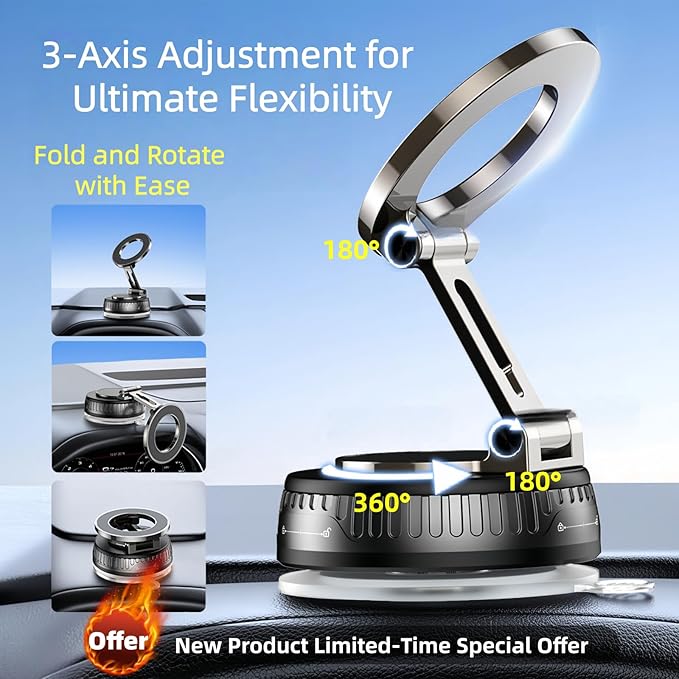 2026 Upgraded Magnetic Car Phone Mount for MagSafe: 360° Rotatable Adjustable Holder with 180+LBS Strong Suction Cup & 3800gf Magnet, Compatible with iPhone 17/16/15 Series & Android Devices