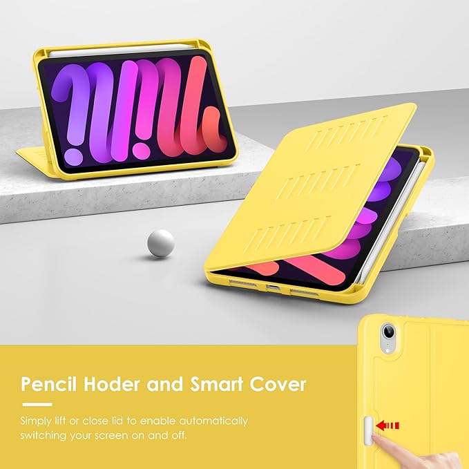 VIKESI Case for iPad mini 7 (A17 Pro) and iPad mini 6,Multiple Angles Magnetic Stand Cover,Shockproof Soft Back,Pencil Holder,and Auto Sleep/Wake,Yellow