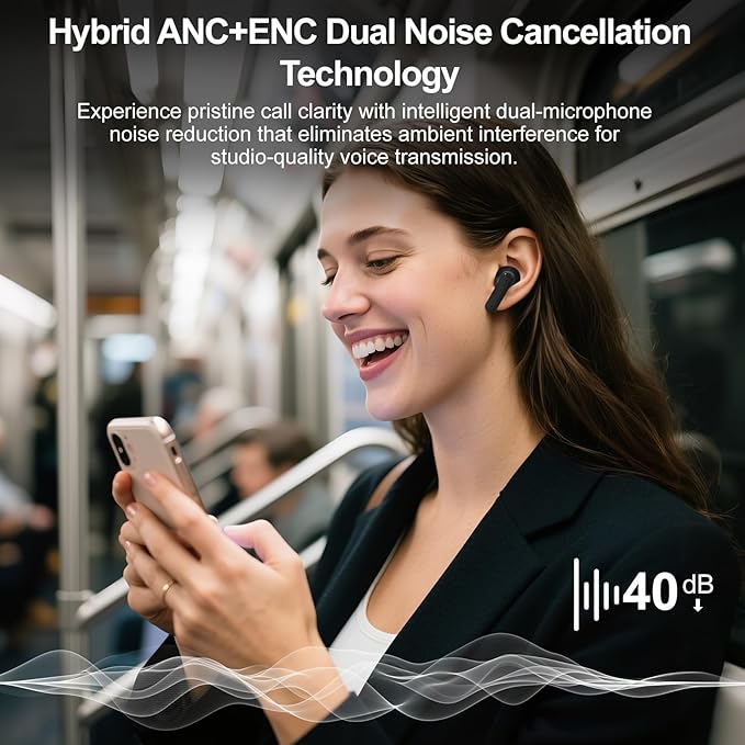 Wireless Earbuds, ANC/ENC Noise Cancelling Earbuds with Touch Screen, Bluetooth 5.4 Ear Buds with LED Charging Case, 40H Stereo Sound, IPX7 Waterproof Earphones with 6 EQ Modes for iOS Android (Black)