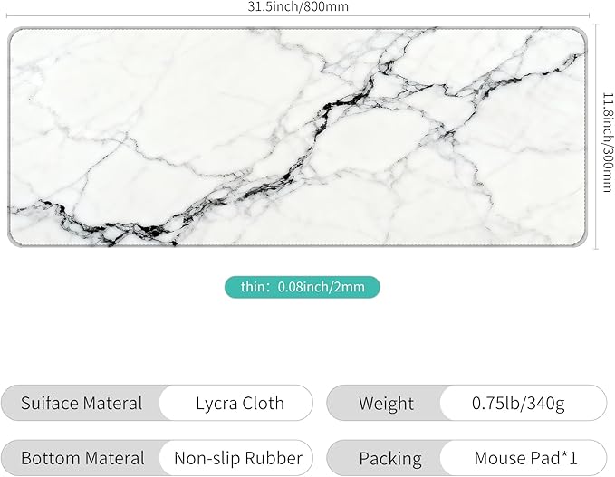 Thin Extended Gaming Mouse Pad （31.5 * 11.8 * 0.08 inch） with Stitched Edges Large Mousepad Long XXL Keyboard and Mouse pad Desk Mat for Gaming Office & Home - White Black Marble