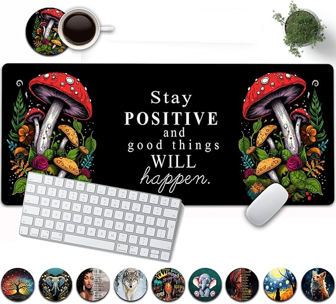 Large Mouse Pad, 31.5 x 11.8in Extended Gaming Mouse Pad with Stitched Edges, XXL Mousepad Protector Non Slip Rubber Base for Office and Home Writing Mat,Red Mushroom Pattern Black Desk Mat