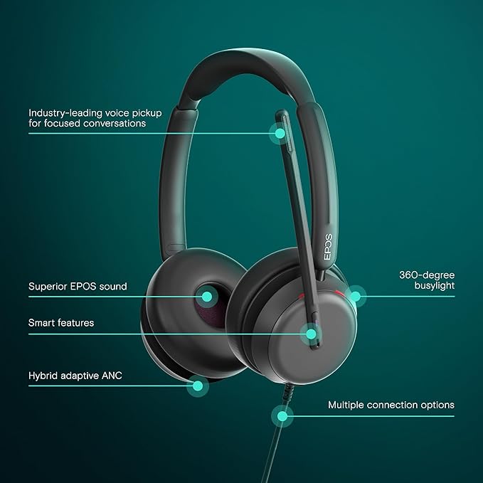 EPOS Impact 860T ANC Dual-Sided Wired Headset with Active Noise Cancellation, Microsoft Teams Certified, USB C and USB A, Super Wideband Audio, Ideal for Office Calls, Zoom, Home & Hybrid Work, Black
