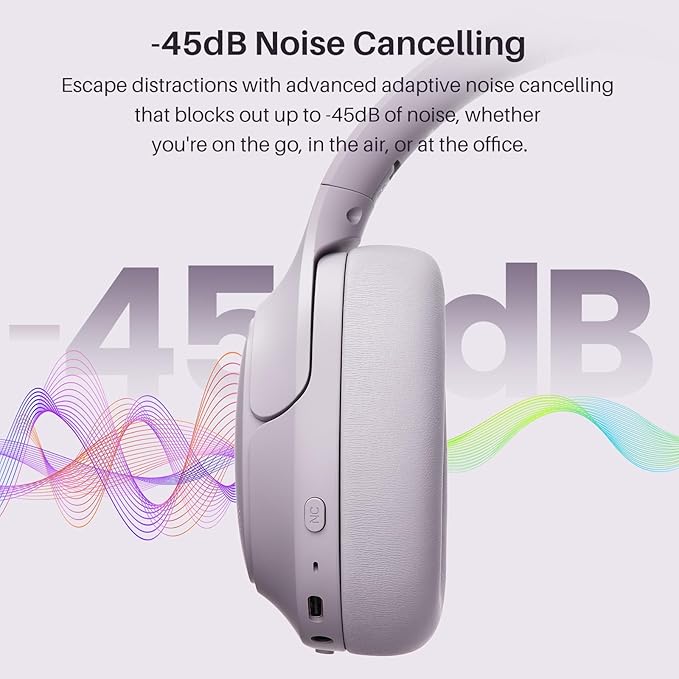 TOZO HT3 Hybrid Noise Cancelling Headphones, 90H Battery Life Wireless Over Ear Bluetooth 6.0 Foldable Headset, AI Voice Assistant with 5 Mics, Connect 2 Devices and Hi-Res Sound, 32 EQ Audio Presets