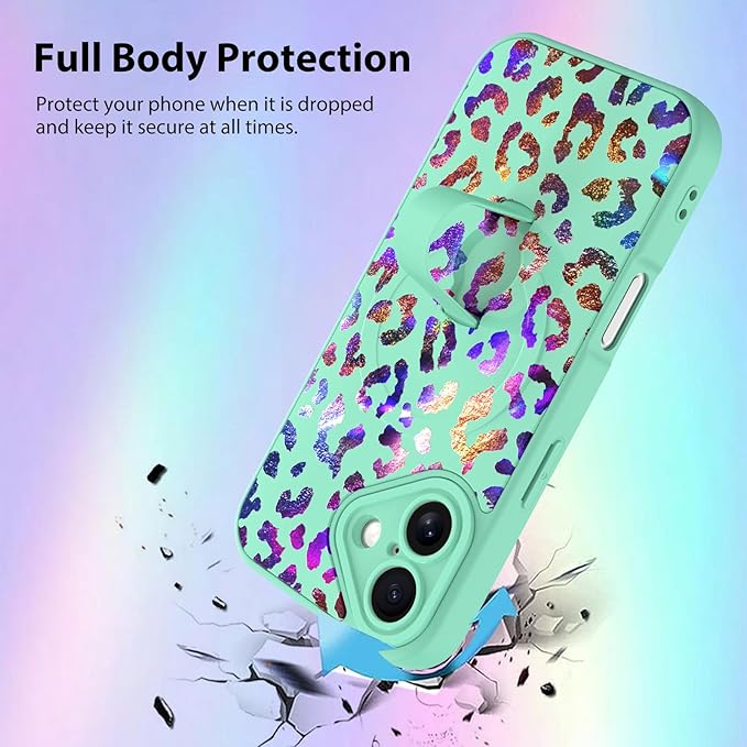 KANGHAR Compatible with iPhone 17 Case, Support for MagSafe, Silicone Cute Iridescent Leopard Cheetah Pattern, Wristband Kickstand Shockproof Protective Slim Cover for Women Girls, Green