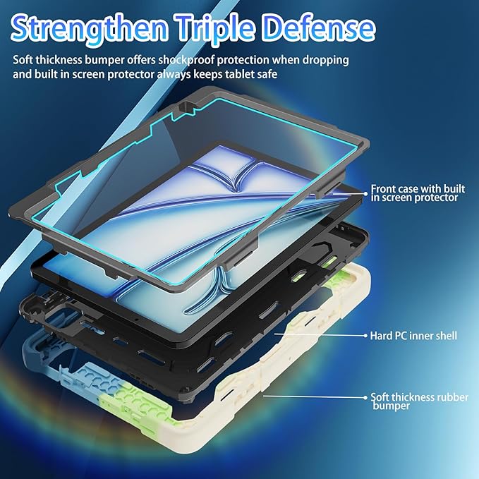 for Air 11 inch Case M3 2025 / M2 2024, Air 7th/6th Generation-with HD Screen Protector, 360 Rotating Kickstand/Hand Strap, Shoulder Strap, Pen Holder, Heavy Duty Military Grade- Kids Friendly