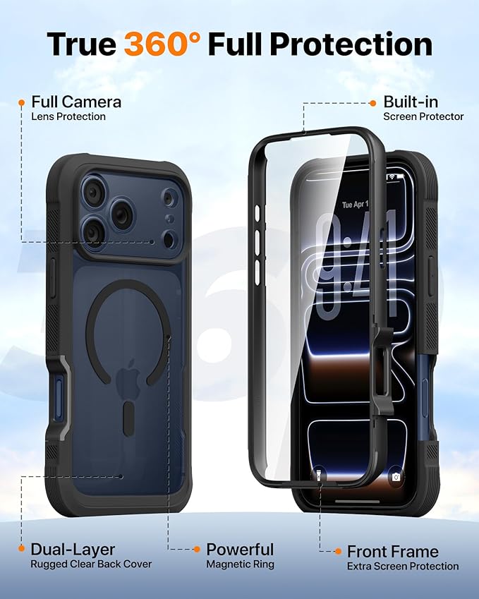 Diaclara Magnetic Designed for iPhone 17 Pro Case 6.3 Inch Full Body Bumper,[Compatible with MagSafe] Military Drop Proof Cover with Built-in Touch Sensitive Anti-Scratch Screen Protector, Black