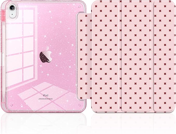 DONGKE for iPad Pro 11 inch Case – Fits M5 2025 / M4 2024, Shockproof Sparkling Glitter Acrylic Back, Pencil Holder, Trifold Stand, Auto Sleep/Wake & Touch ID Support - Pink Cross Dot