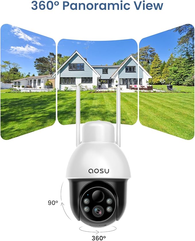 aosu Solar Security Camera Wireless Outdoor with Panoramic PTZ, Human Auto Tracking, 2K Night Vision, Light and Sound Alarm, 2-Way Audio, Works with Alexa/Google Assistant for Home Surveillance