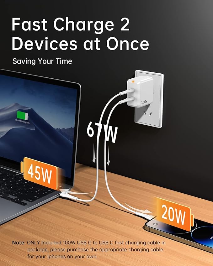 SELORE USB C Charger, 67W 2 Ports GaN Fast Charger Block, Compact Foldable Wall Charger with 100W Type C Charger Cable for MacBook Pro/Air, iPhone 17/16/15, iPad Pro, Galaxy S25/S24, Pixel etc