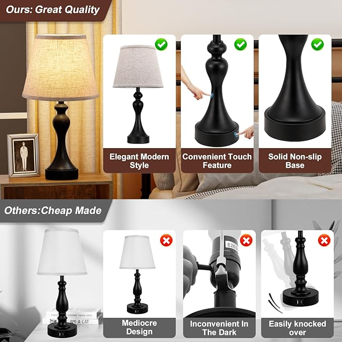 Seealle Touch Lamps for Nightstand - Bedside Lamps Set of 2, 3 Way Dimmable, USB C+A for Bedroom & End Tables (Beige&Black)