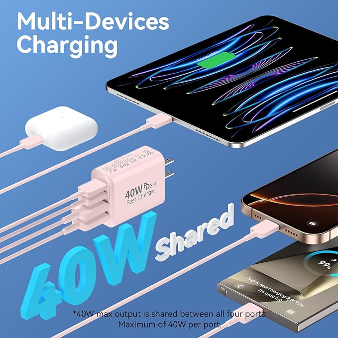 USB C Wall Charger Block, 2Pack 40W 4-Port C Charger Fast Charging Block PD Power Adapter +QC 3.0 USB A Wall Plug Multiport Type C Box Cube for i Phone 15/14/13/12/11 Pro Max, pad, Galaxy, Pink