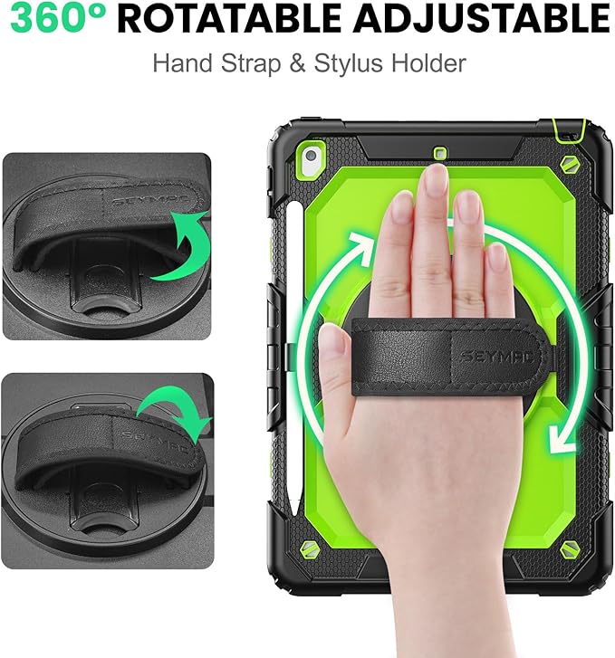 SEYMAC for iPad 9th/8th/7th Generation Case 10.2" 2021-2019, Full-Body Shockproof Heavy Duty Protective Case with Screen Protector, Rotating Stand/Handle/Shoulder Strap for iPad 10.2, Black/Green