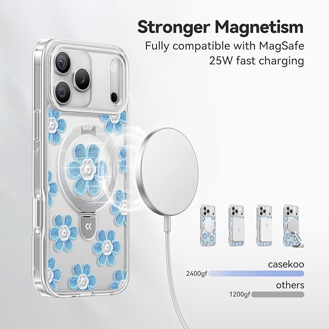 CASEKOO Floral Series Blue Flowers for iPhone 17 Pro Case with Magnetic Ring Stand [Compatible with MagSafe] [Military-Grade Protection] Fashion Clear Back, Soft Edge, for Women