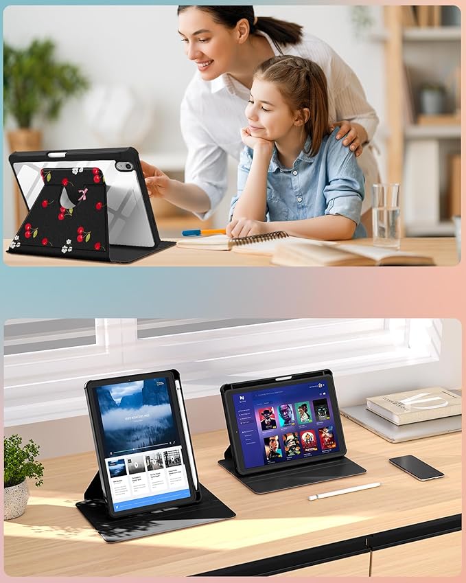 Uppuppy for iPad mini 7 Case (A17 Pro) for iPad mini 6th Generation Case - 360 Rotating Stand Folio Smart Cover with Pencil Holder for Women, Cherry Bow Flower for Apple Tablet Mini 8.3” 2024/2021
