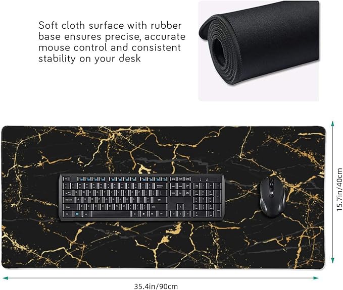 Black and Gold Marble Texture Mouse Pads XXL Extended Mousepad with Stitched Edges Non-Slip Rubber Base Computer Keyboard Pad Desk Mat for Home Office Desk Decor, 35.4" X 15.7"