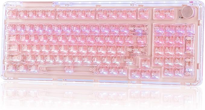 KiiBoom Phantom 98 Crystal Mechanical Gaming Keyboard, Transparent Keyboard with RGB Backlits, Hot-Swappable, Shine Through Clear Keycaps, 3 Modes Wireless, 8000mAh Battery, NKRO for Win/Mac (Pink)