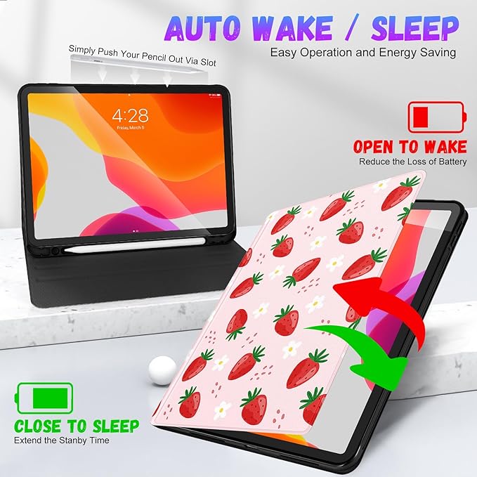Uppuppy for iPad Air 13 Inch M2/M3, Pro 12.9 Case - Cute Women Girls Girly Kawaii Strawberry Pencil Holder Folio Cover for Apple Air 13" 2024/2025, Pro 6th/5th/4th/3rd Generation Case