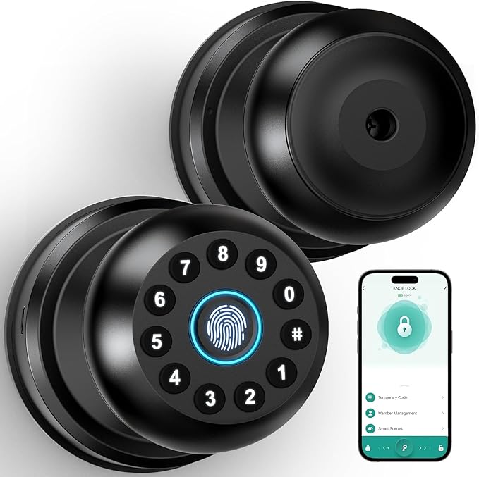 Fingerprint Door Lock, Smart Fingerprint Door Knob with Keypad, Biometric Door Knobs with App Control, Auto Lock Door Lock with Code, Keyless Door Knob with Locks for Bedroom, Home,Office-Matte Black