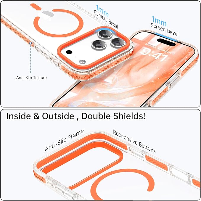 BENTOBEN Magnetic for iPhone 17 Pro Max Case 6.9", Compatible with Magsafe Military Shockproof Protective Bumper Cute Transparent Slim Anti-Yellowing Case for iPhone 17 Pro Max Cover, Clear Orange