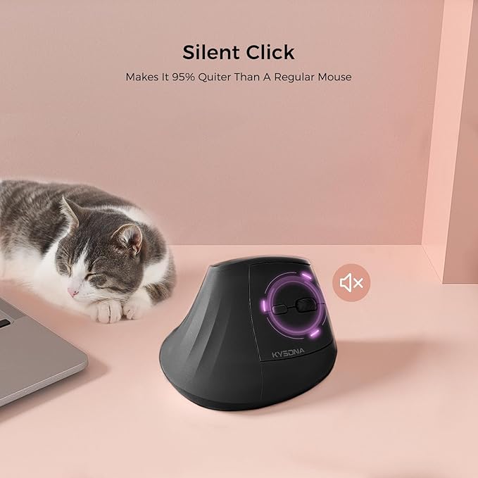 KYSONA 57° Ergonomic Wireless Tower Mouse, Vertical Quiet Ergo Mouse, Bluetooth(BT5.0,BT3.0)&2.4G, (800/1200/2400/2400/4000), 5 Buttons for Windows, macOS, iPadOS, Laptop, PC, Black