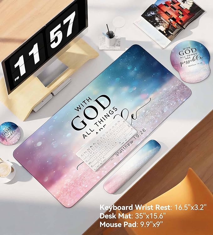 Desk Mat Set + Keyboard and Mouse Pad with Wrist Rest Support,4-in-1 Large Mousepad Computer Mats for Desktop Home & Office-with God