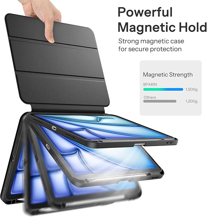 SPARIN Case for iPad Air 11 inch M3/ M2, iPad Air 7th/6th/5th/4th Gen (2025/2024/2022/2020) 10.9 inch,Case with Apple Pencil Holder, Detachable Magnetic Cover, Portrait and Landscape Stand, Black