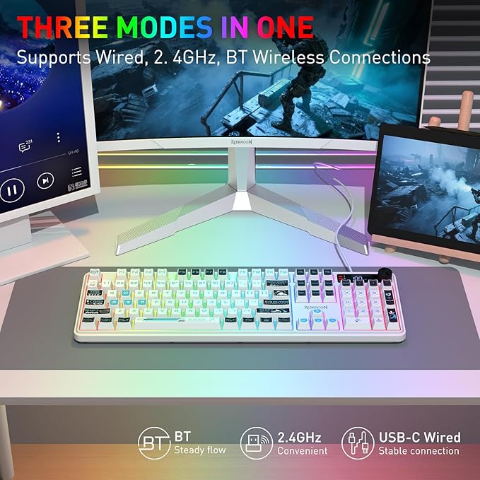 Redragon K526 PRO RGB Wireless Membrane Gaming Keyboard, 104 Keys Mechanical-Feel Keyboard w/LED Info Display, Media/Backlit Knob Control, Smooth Linear Switch & Software Supported